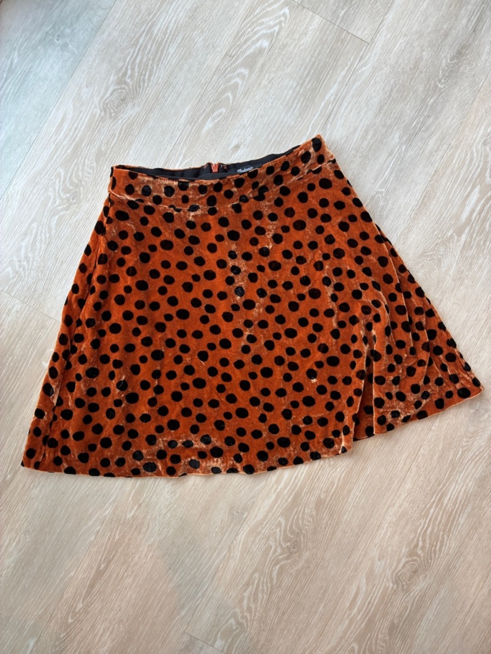 Madewell Rust Orange Velvet Skater Skirt with Black Polka Dots